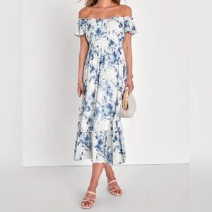 Lulus Delightfully Sweet White & Blue Floral Off-the-Shoulder Midi Dress, XL
